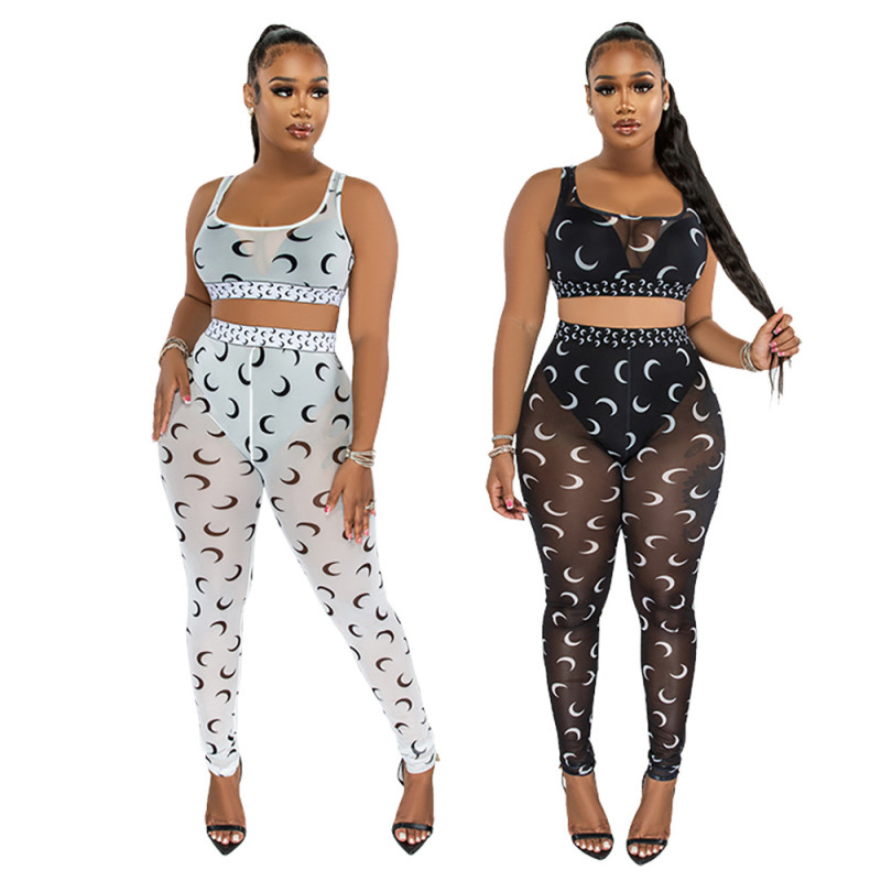 Sexy printed suspender top and see-through slim pencil pants two-piece set for women