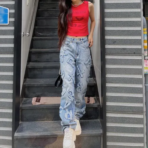 Fashion Personality Letter Patch Straight Jeans Street Hot Girl Loose Straight Casual Pants