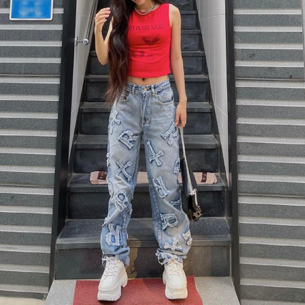 Fashion Personality Letter Patch Straight Jeans Street Hot Girl Loose Straight Casual Pants