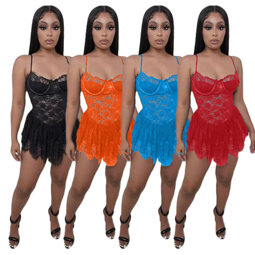 Women's Solid Color Lace Lace Sling Short Sexy Dress