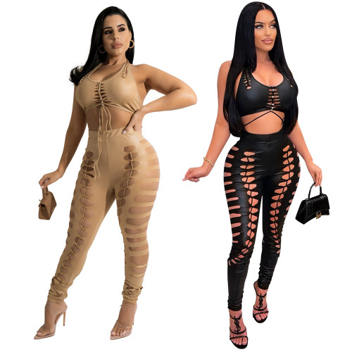 Fashion sexy wrap chest hollow solid color personality nightclub hot tight suit