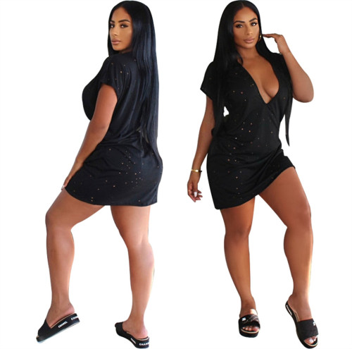 Women's Sexy V-Neck Low Cut Irregular Ripped T-Shirt Dress