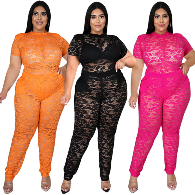 Large size spring and summer short-sleeved see-through nightclub lace two-piece suit