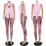 Nightclub Fashion Banding Hollow Vest Slit Print Pants Set