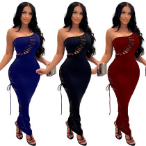 One-shoulder burnt flower lace-up dress One-step dress One-shoulder burnt flower lace-up dress One-step dress