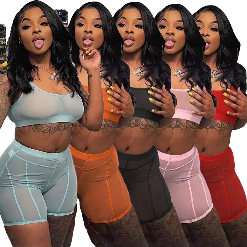 Sexy Women's Perspective Mesh Tank Top Shorts Two-Piece Set