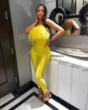 Ostrich Hair One Shoulder Tight Sexy Ladies Jumpsuit