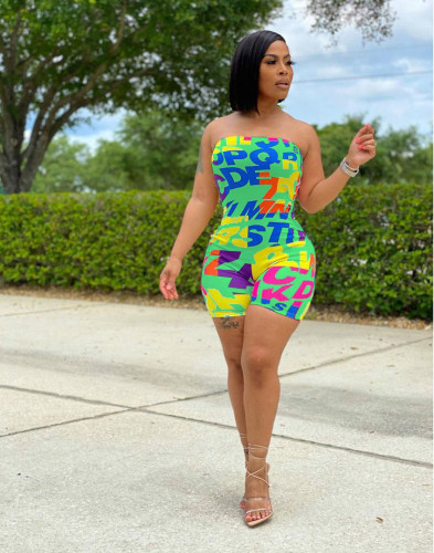 Women Fashion Sexy Elastic Bandeau Letter Print Jumpsuit Jumpsuit