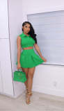 Fashion Casual Sleeveless POLO Collar Folding Skirt Spring Summer Suit