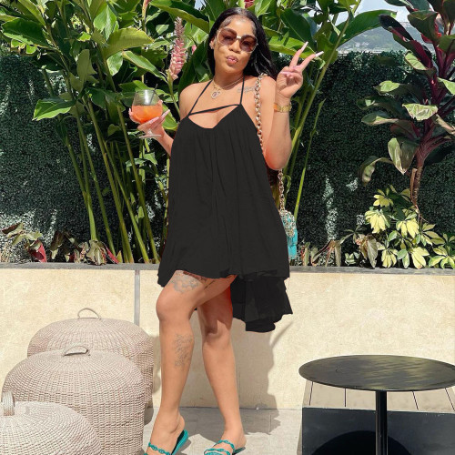 Women's Fashion Casual Sexy Solid Color Halter Strap Backless Loose Large Size Dress