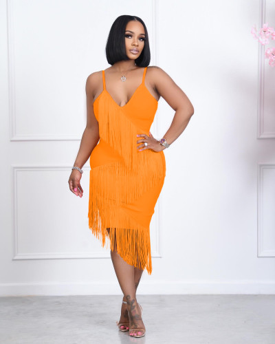 solid color sexy fringed dress