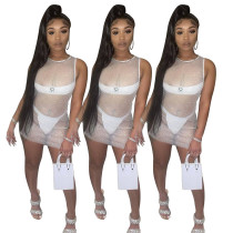 Sexy Women's Mesh stitching high-end sexy sleeveless ultralight dress