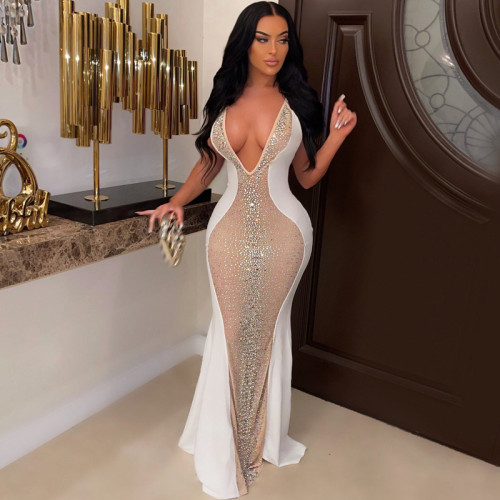 Mesh hot and diamond sling deep V perspective evening dress women's dress
