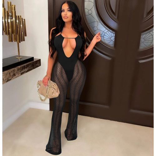 Mesh + milk silk nightclub halter neck perspective mesh sexy jumpsuit