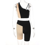 Contrast color stitching two-piece one-shoulder sports fitness suit