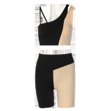 Contrast color stitching two-piece one-shoulder sports fitness suit