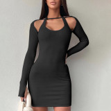 Solid Color Long Sleeve Halter Pack Hip Dress