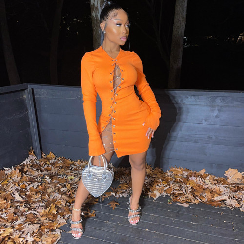 Chain Tie Hollow Out Fashion Sexy Tight Women's Dress