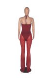 Mesh + milk silk nightclub halter neck perspective mesh sexy jumpsuit