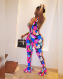 Sexy Fashion Print Open Back Wide Leg Jumpsuit