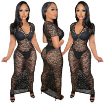 Night show women's sexy see-through short-sleeved hip dress Night show women's sexy see-through short-sleeved hip dress