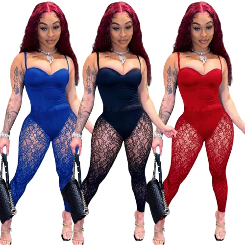 Tube top suspender jumpsuit + sexy see-through lace trousers two-piece set