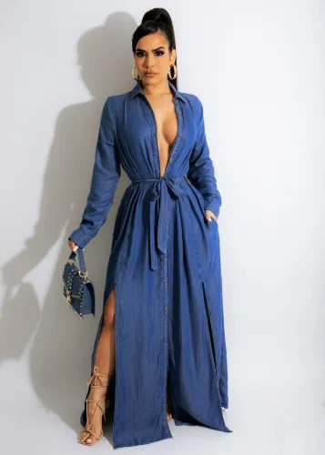 Fashion Casual Denim Shirt Long Skirt Ladies High Slit Big Skirt Denim Long Skirt