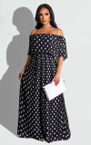 One-shoulder chiffon pleated polka dot print maxi dress