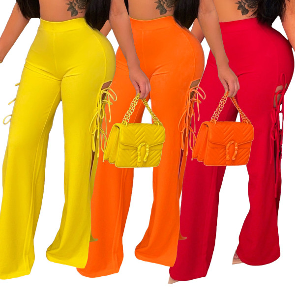 Fashionable sexy solid color lace-up flared wide-leg trousers