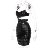 Fashion Sling Strapless Faux Leather Side Cutout Ruched Dress