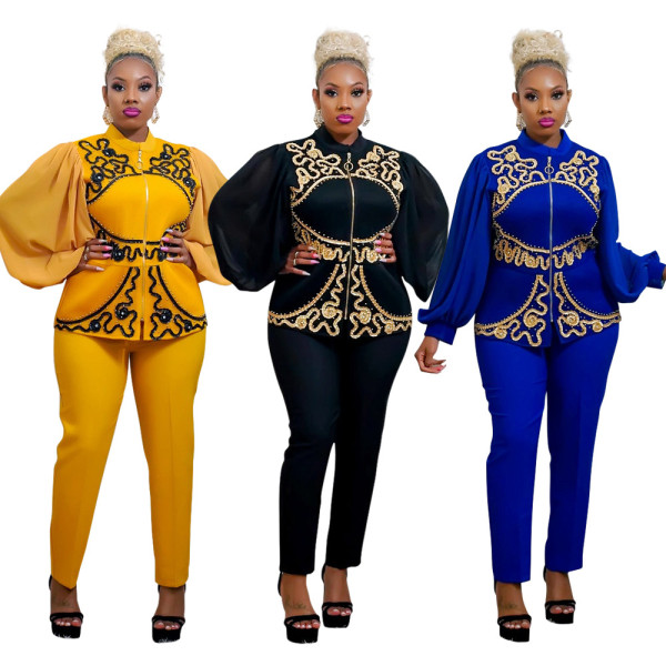 Fashionable puff sleeves webbing pattern design zipper top and slim trousers two-piece set for women
