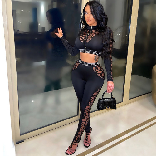 Fashion Leisure Sports Fitness Perspective Zipper Tight Suit Two Piece