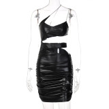 Fashion Sling Strapless Faux Leather Side Cutout Ruched Dress