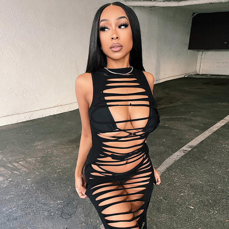 Casual Sexiest Black Dress Girl Fashion Hot Dress US$ Fashion Sexy Round  Neck Slim Hollow Slit Sleeveless Dress