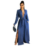 Fashion Casual Denim Shirt Long Skirt Ladies High Slit Big Skirt Denim Long Skirt