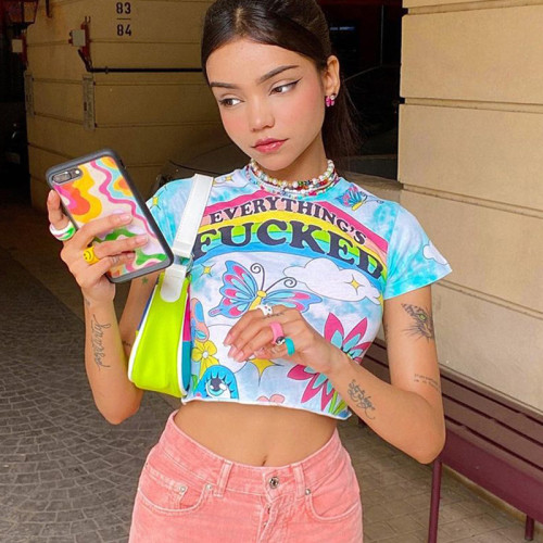 Fashion Print Crew Neck Slim Fit Cropped Navel T-Shirt
