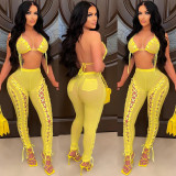 Fashion women's sexy solid color mesh see-through hollow sleeveless vest trousers two-piece set
