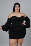 Plus size women's one-word V-neck solid color dress dress