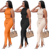 Ladies Sexy Casual Solid Color Round Neck Sleeveless Side Slit Strap Two Piece Set