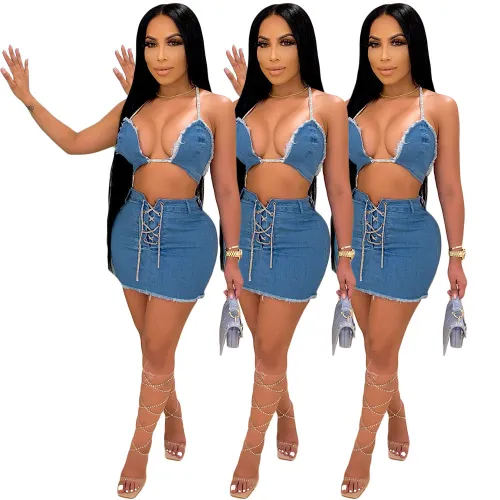 Women's Sexy High Elastic Denim Tie Rope Suit
