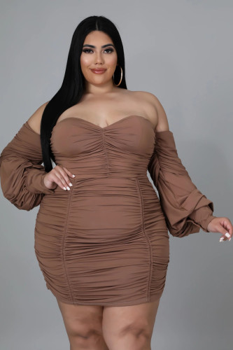 Plus size women's one-word V-neck solid color dress dress