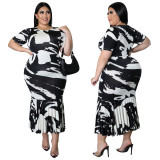 Round Neck Short Sleeve Ruffle Dress Print Plus Size Dress