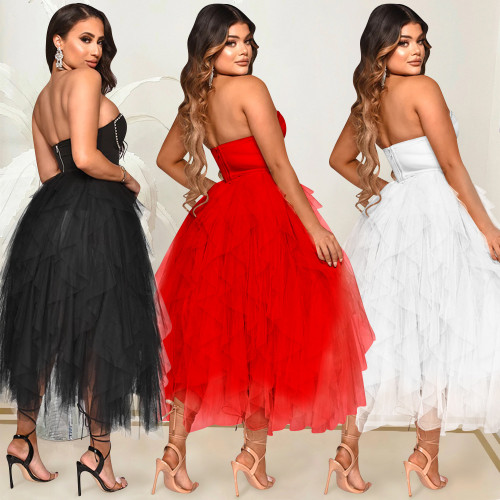 Fashion solid color hot drill tube top fluffy mesh dress women