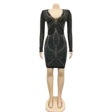 Fashion sexy women's nightclub long-sleeved hot-drilled mesh see-through dress