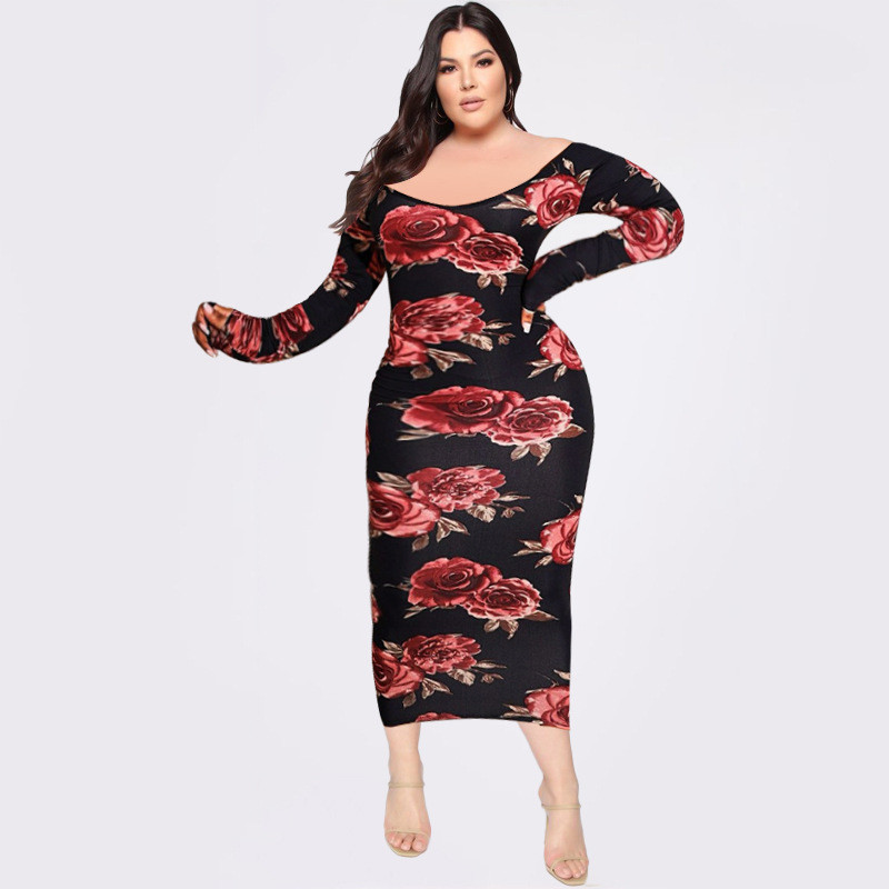 Off-the-shoulder floral print dress waist slim dress