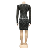 Fashion sexy women's nightclub long-sleeved hot-drilled mesh see-through dress