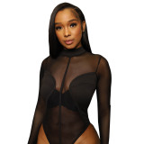 Women's mesh mesh perspective stitching black tight sexy jumpsuit all-in-one pants