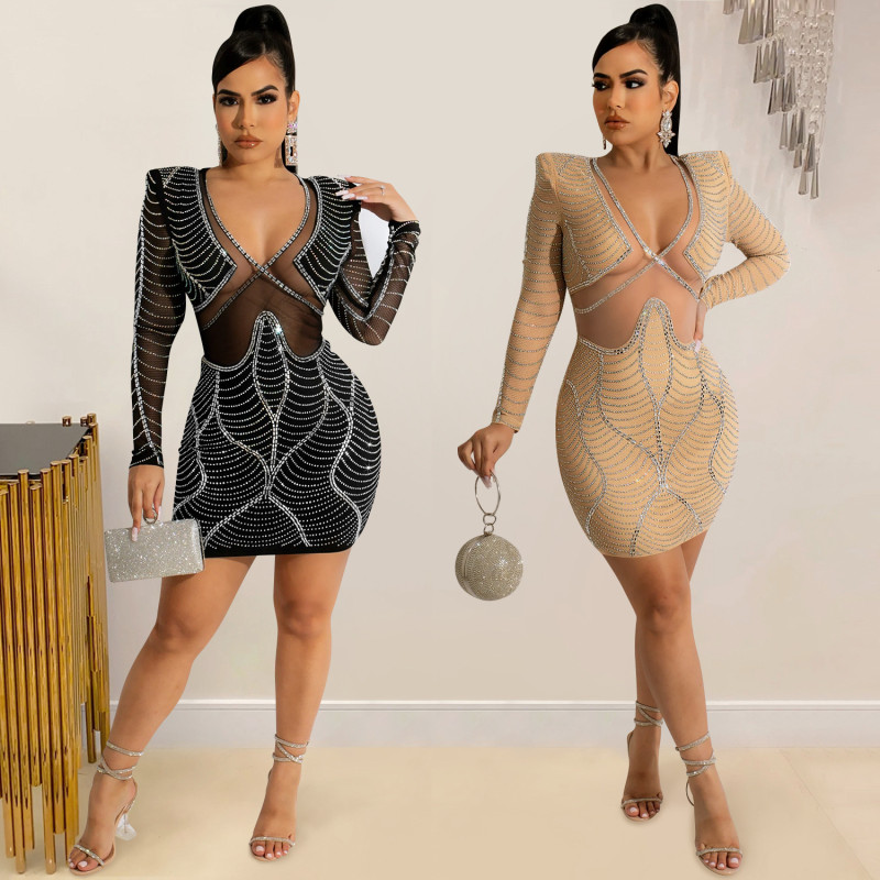 Fashion sexy women's nightclub long-sleeved hot-drilled mesh see-through dress