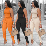 Ladies Sexy Casual Solid Color Round Neck Sleeveless Side Slit Strap Two Piece Set