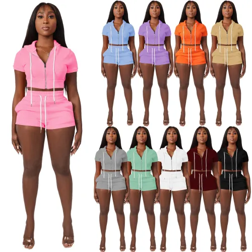 Zip Cardigan Solid Cropped Hooded Two-Piece Set